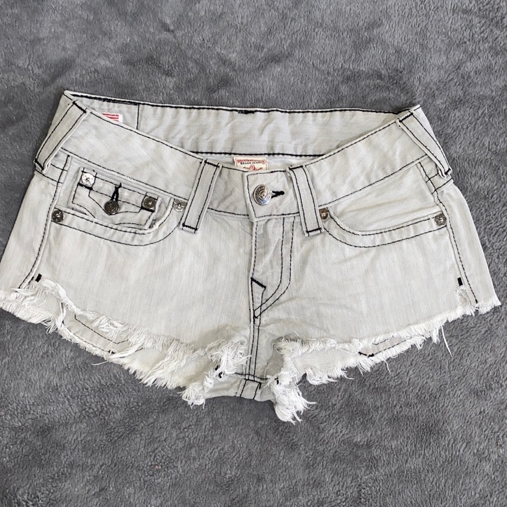 True Religion Light White Frayed Denim Cutoff Shorts